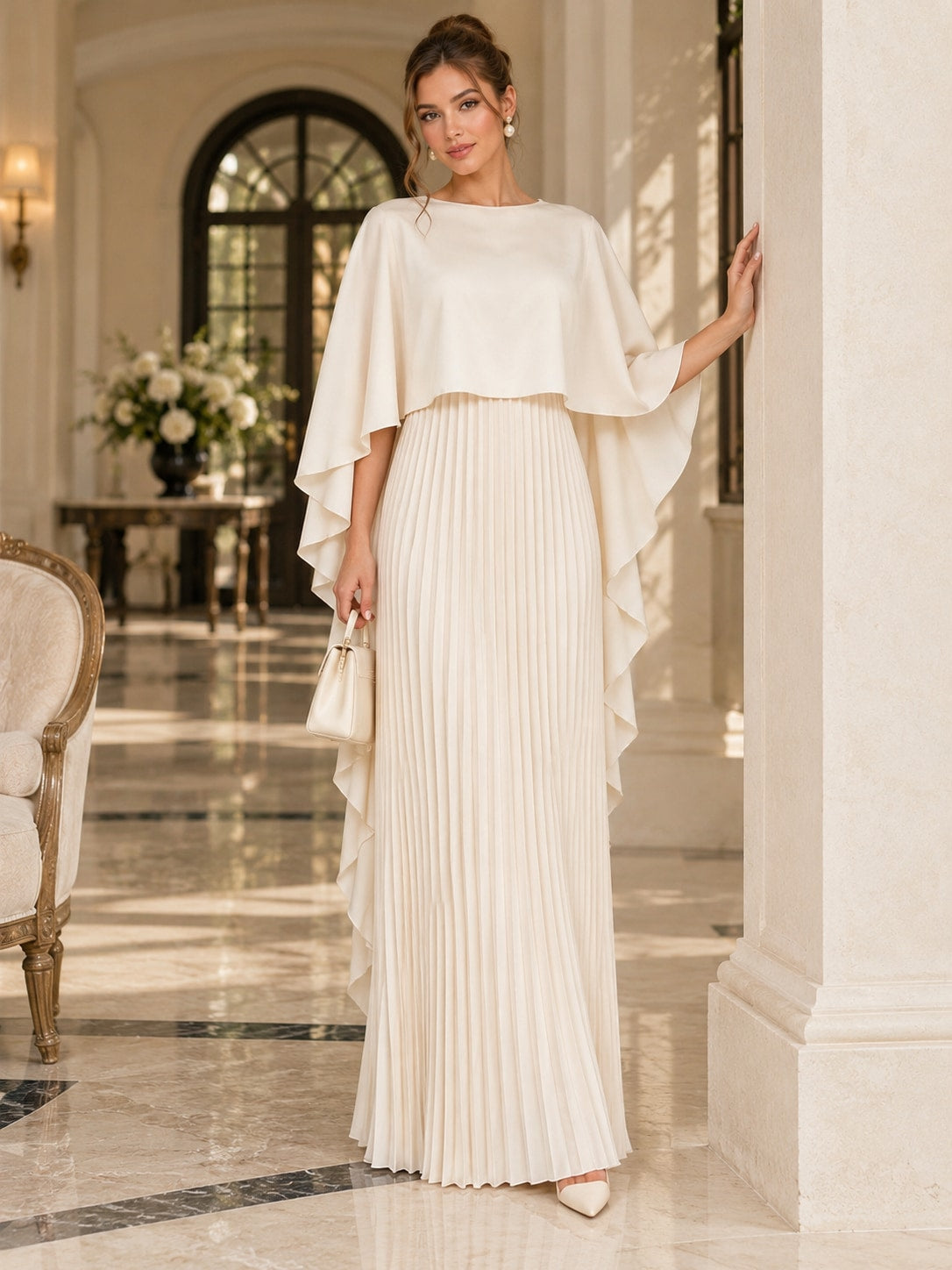 White Pleated Cape Sleeve Maxi Dress for Weddings & Gala